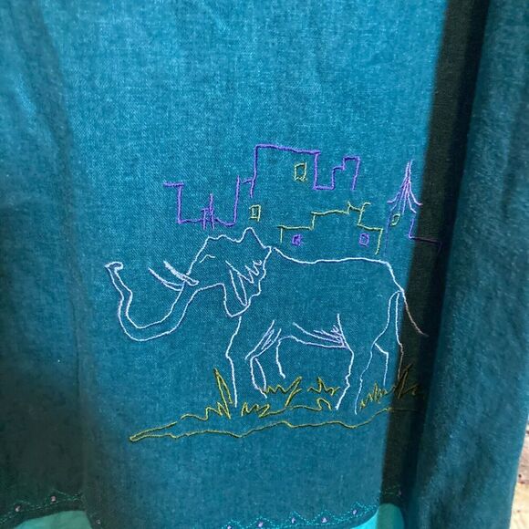 Vintage Studio Ease Midi Dress Womens 14 Linen Teal Turquoise Safari Elephant - Picture 9 of 13